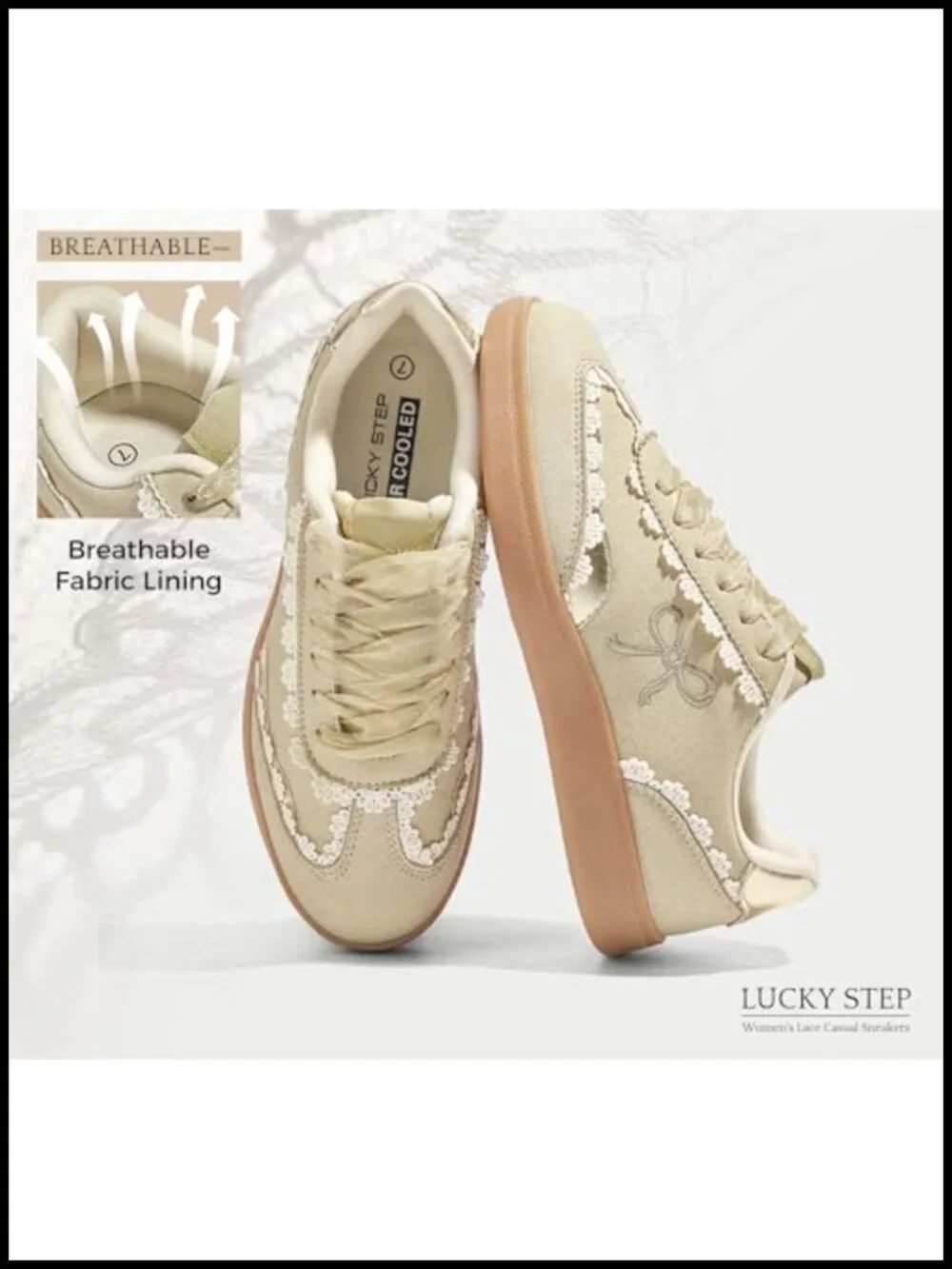 Women's Lace Detail Casual Sneakers Organza Ribbon Lace-Up Fashion Vintage Gum